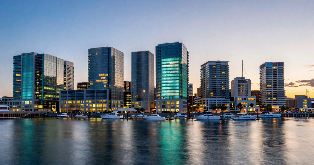 Modern city skyline at dusk with marina waterfront