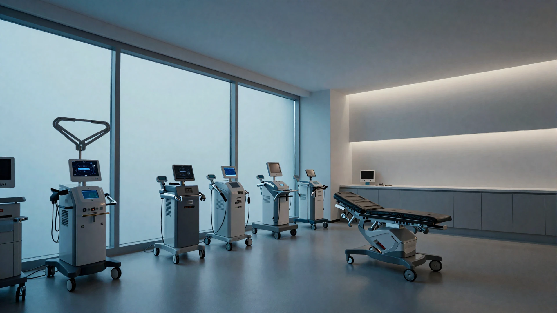 Modern medical clinic interior with soft blue lighting