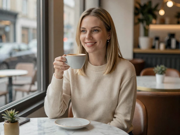 Female surgeon relaxing with coffee in an upscale modern cafe