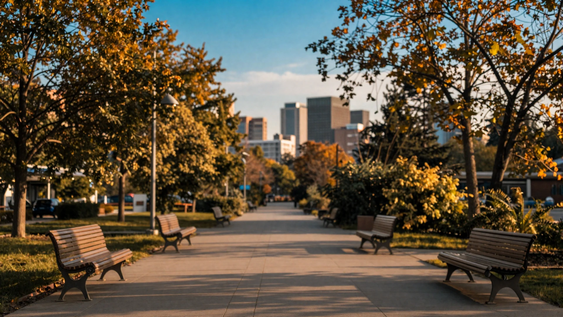 Modern city park at golden hour