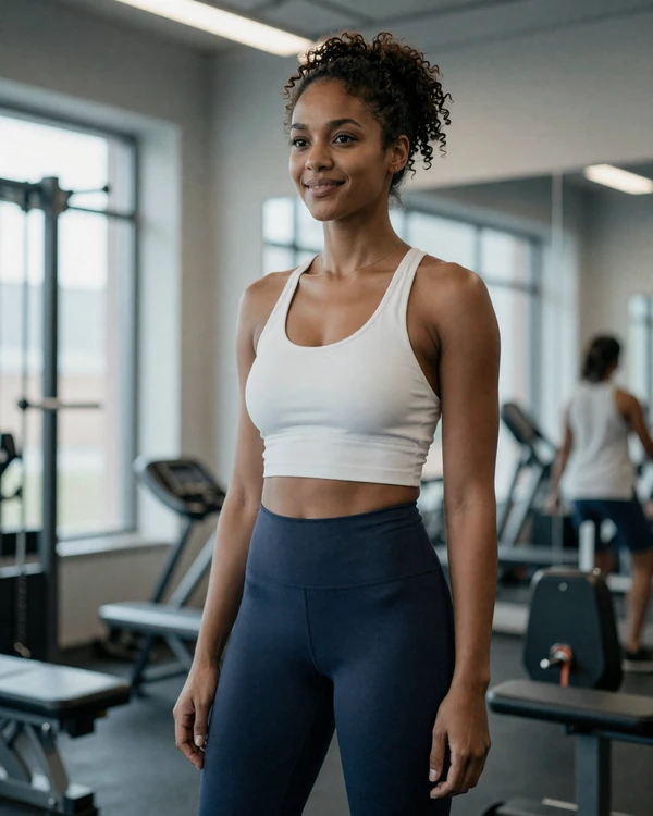 Female physical therapist in athletic wear smiling in a modern gym
