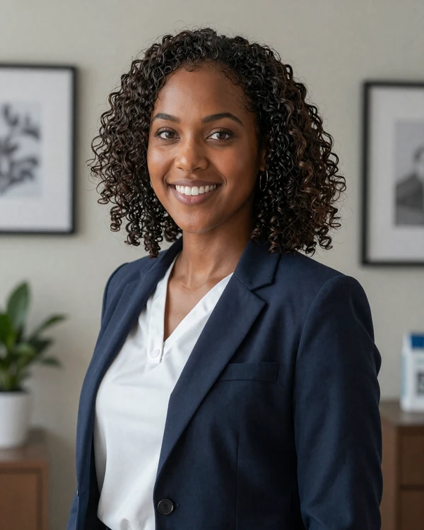 Confident Black female nurse practitioner in a navy blazer at a private clinic