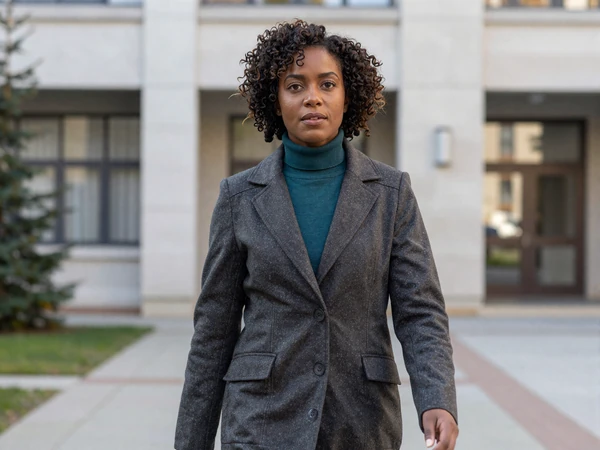 Female urologist walking confidently through a modern university campus