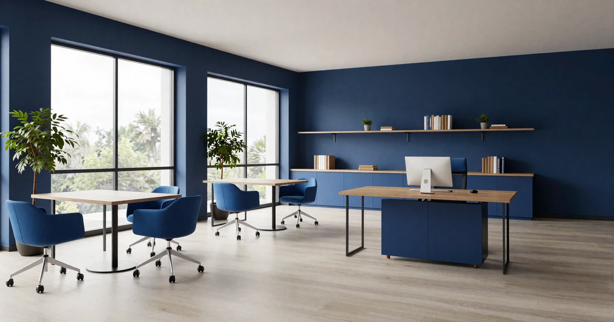 Modern bright office space with dark blue accents