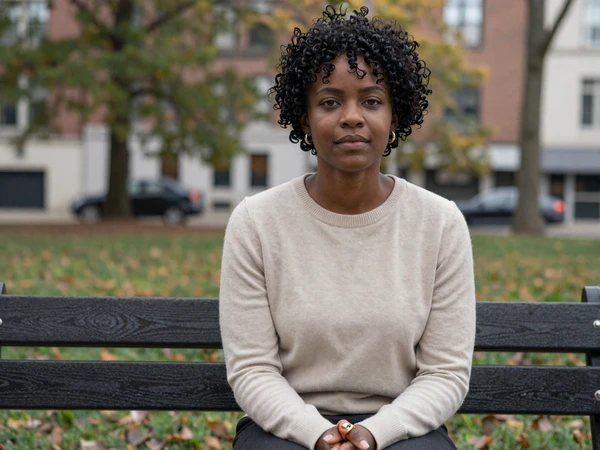 Female oncologist relaxing on a park bench in an urban green space