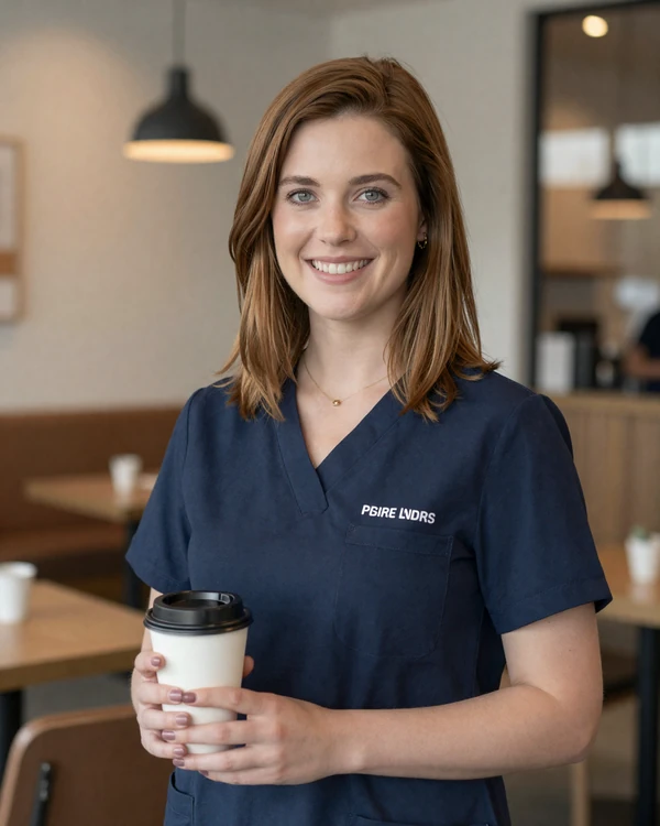 Licensed practical nurse holding coffee in a modern cafe