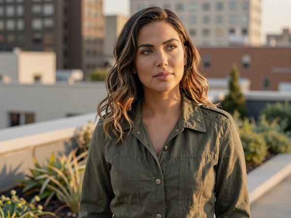 Female obstetrician standing on a city rooftop garden at golden hour