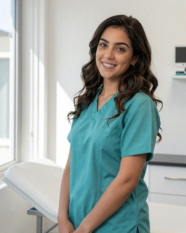 Confident Latina medical assistant smiling in a modern clinic