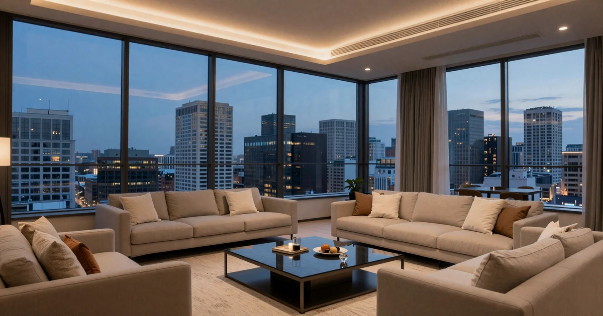 Modern luxury apartment with city skyline view at dusk