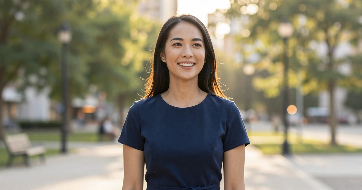 Female pediatrician laughing naturally in a sunlit city park