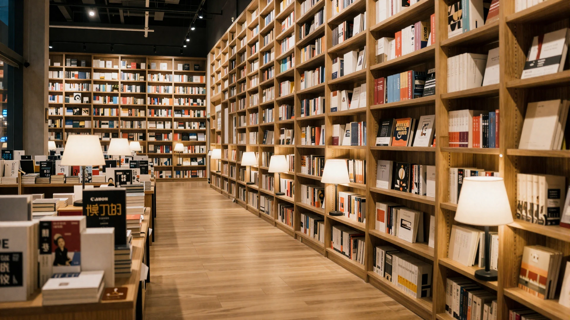 Modern bookstore interior with warm ambient lighting