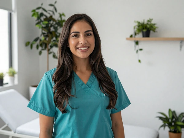Latina female medical assistant smiling in a bright private clinic