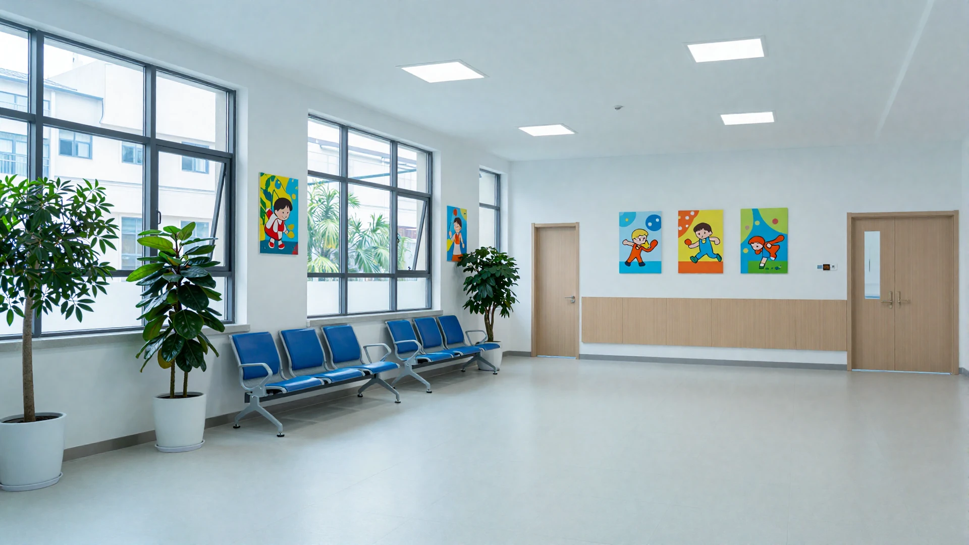 Bright modern pediatric clinic interior with large windows and colorful decor