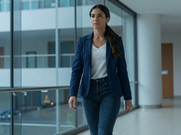 Female family doctor walking confidently through a modern hospital atrium