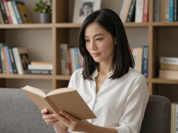 Female pharmacist relaxing with a book in a cozy living room