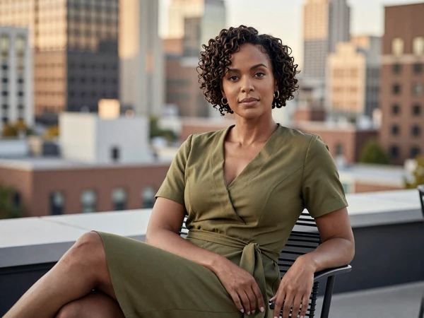 Female otolaryngologist relaxing on a city rooftop at golden hour