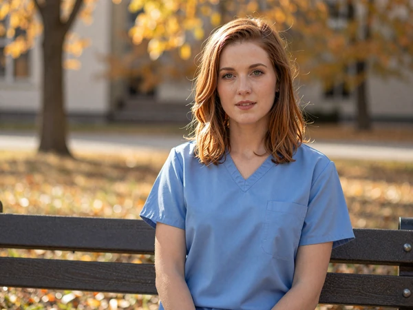 Female medical assistant relaxing on a park bench on a sunny autumn day