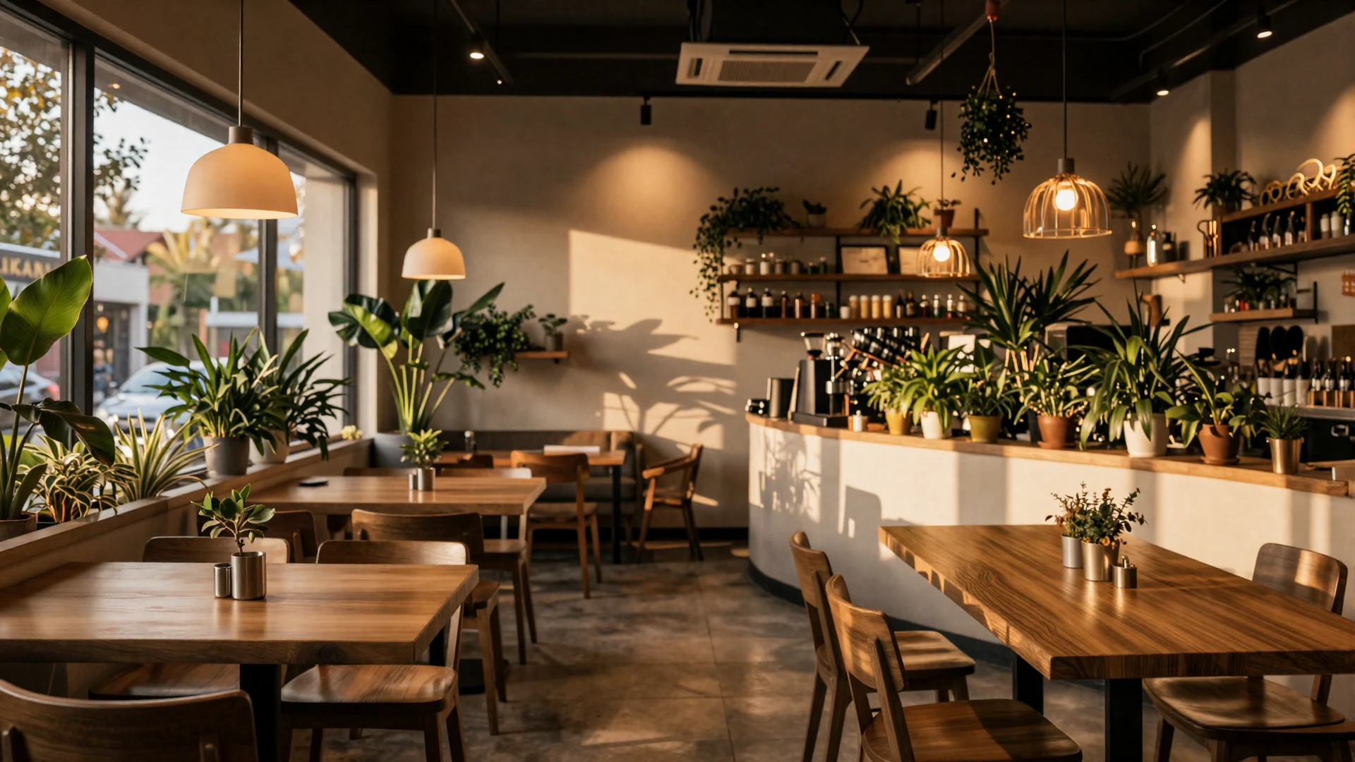 Cozy modern coffee shop interior with warm lighting