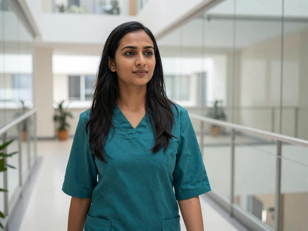 Female gastroenterologist walking through a modern hospital atrium