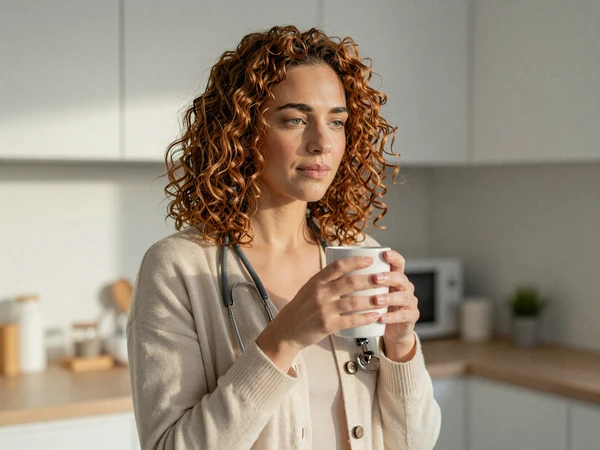 Female ER doctor holding coffee in a modern kitchen at dawn after a night shift