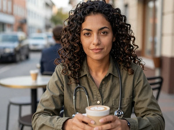 Female physician enjoying coffee at an outdoor cafe at golden hour