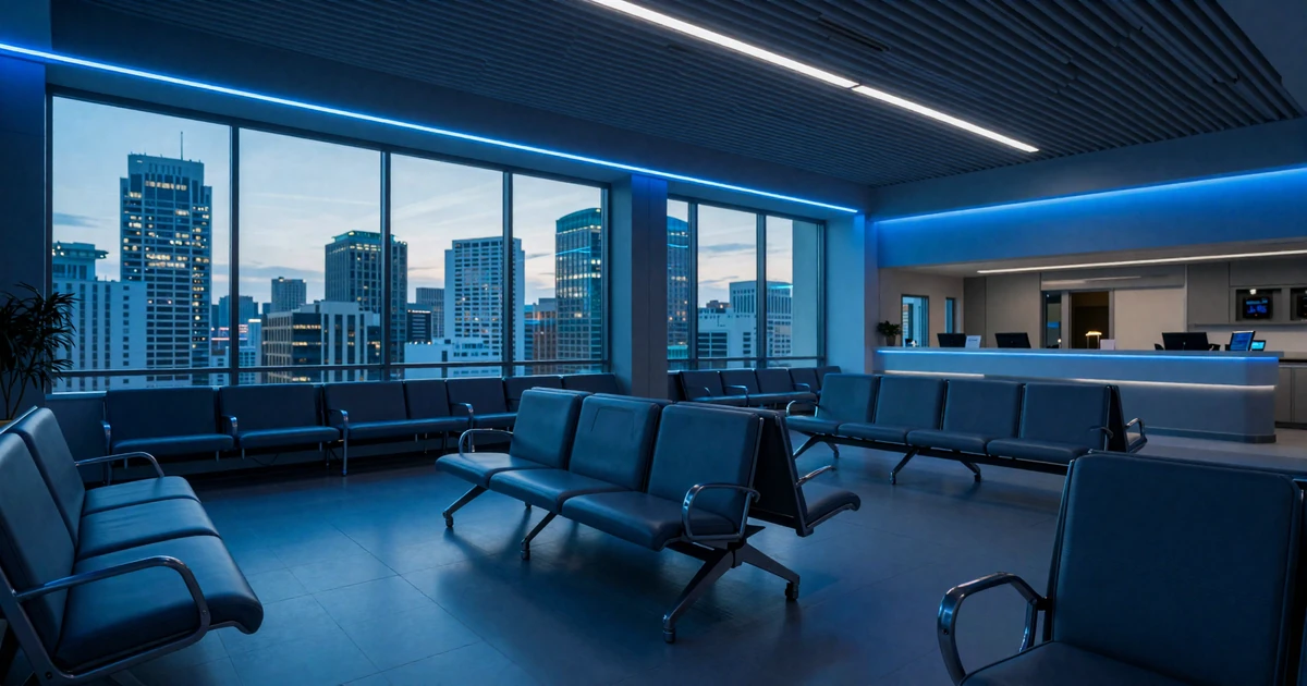 Modern hospital lounge with neon blue accent lighting at dusk
