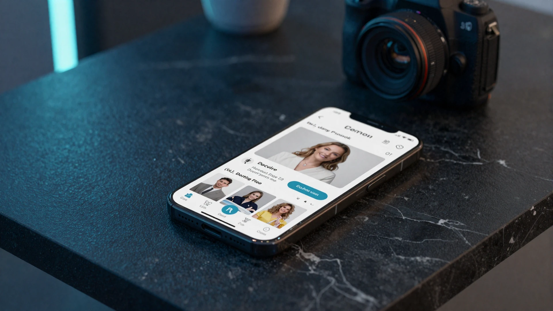 Smartphone displaying a modern dating app interface on a dark desk with ambient lighting
