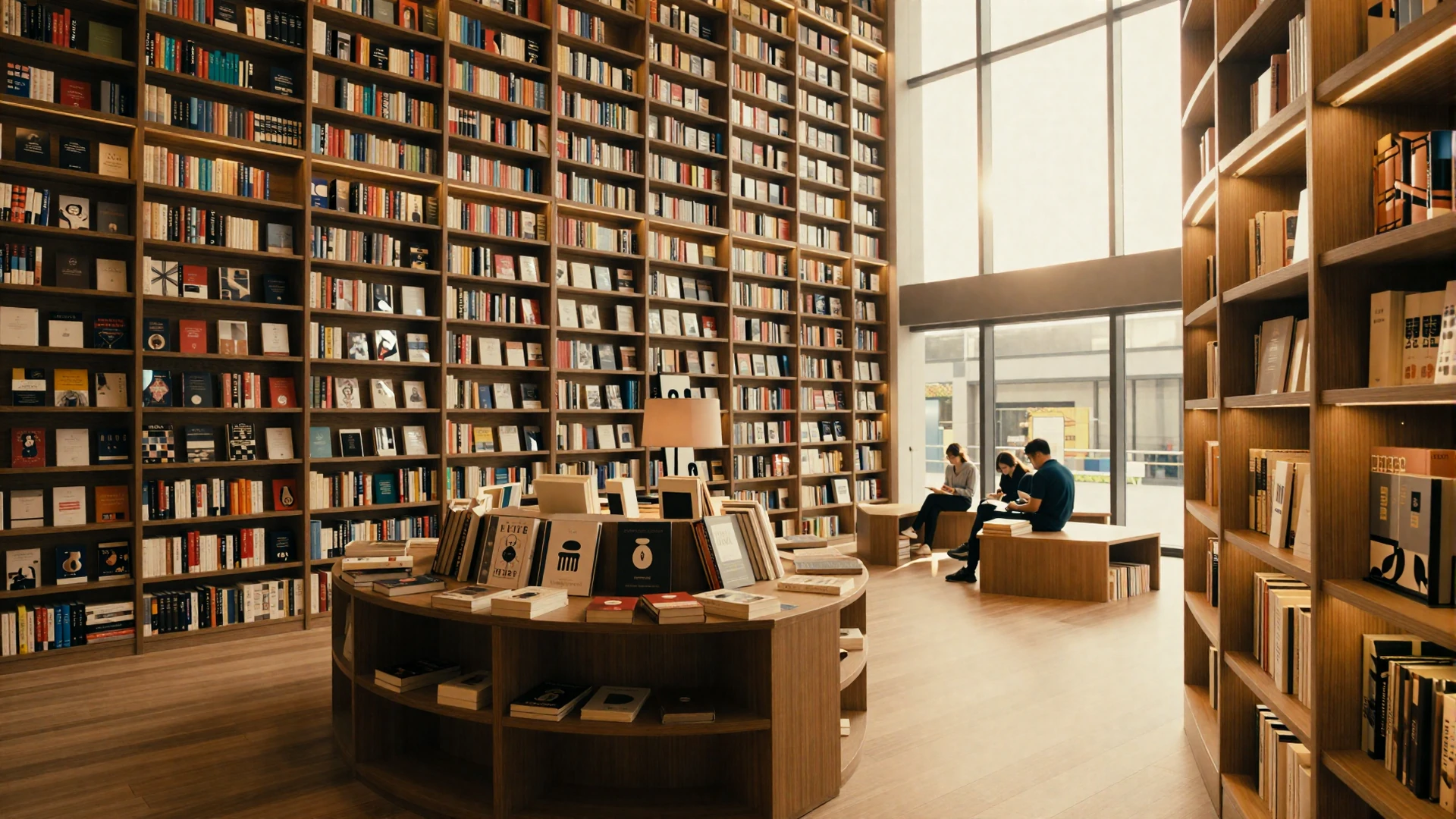 Modern upscale bookstore interior with warm ambient lighting