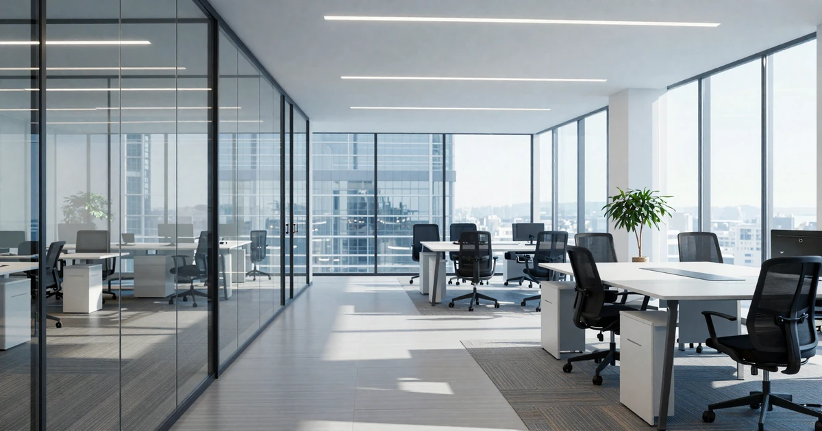 Modern bright office space with glass walls and natural daylight
