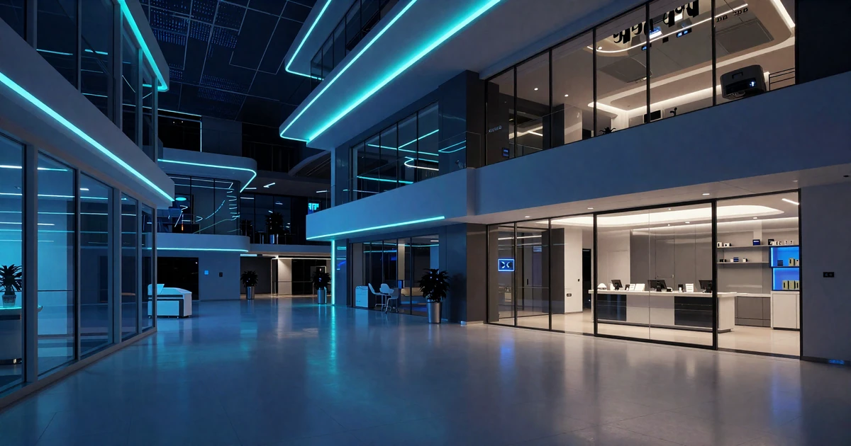 Modern tech-inspired lobby with dark blue and neon lighting