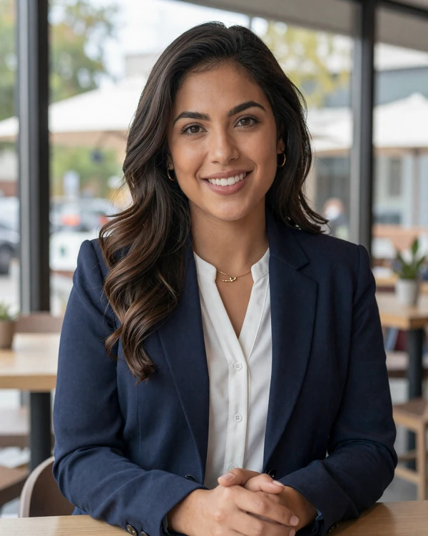 Confident female doctor smiling in a modern cafe