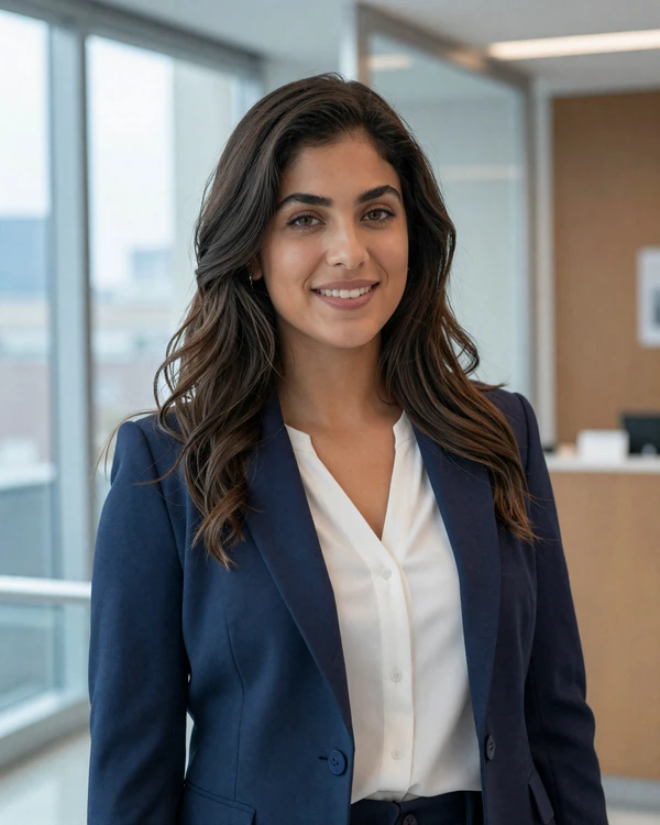 Confident Latina nurse in a modern clinic lobby