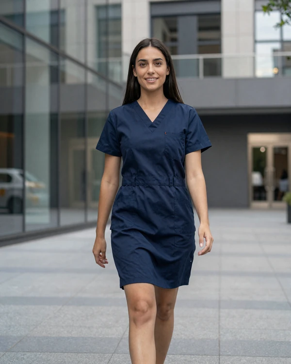 ER nurse walking confidently through a modern urban street