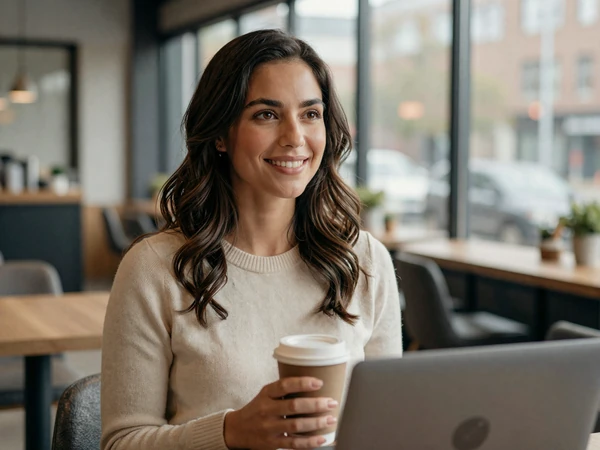 Female otolaryngologist holding coffee in an upscale coffee shop