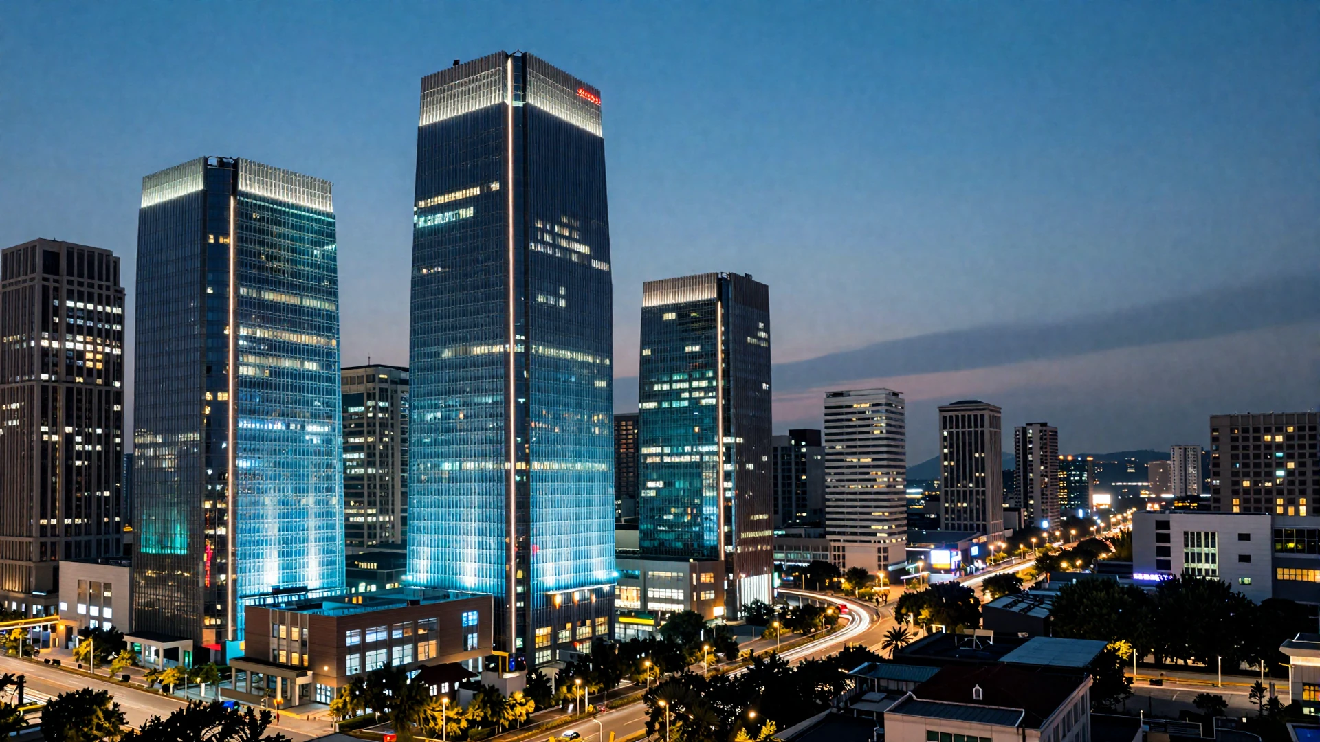 Modern city skyline at dusk with electric blue lighting