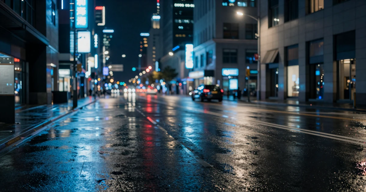 City street at night with blurred neon lights reflecting on wet pavement