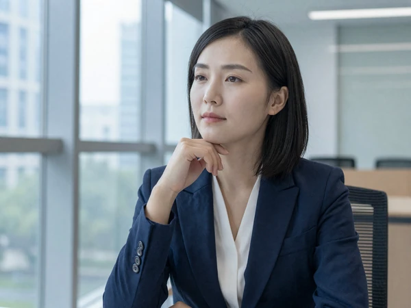 Female doctor in a blazer looking thoughtful in a modern office