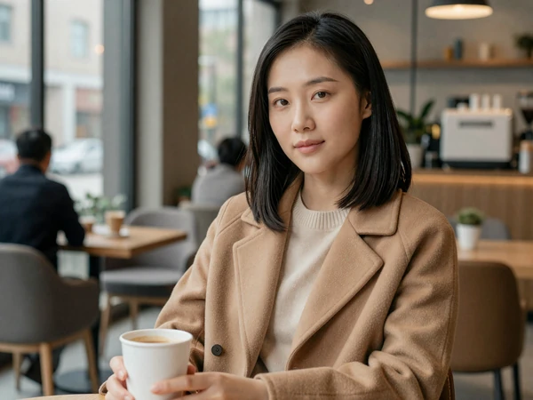 Female cardiologist relaxing with coffee in an upscale modern cafe
